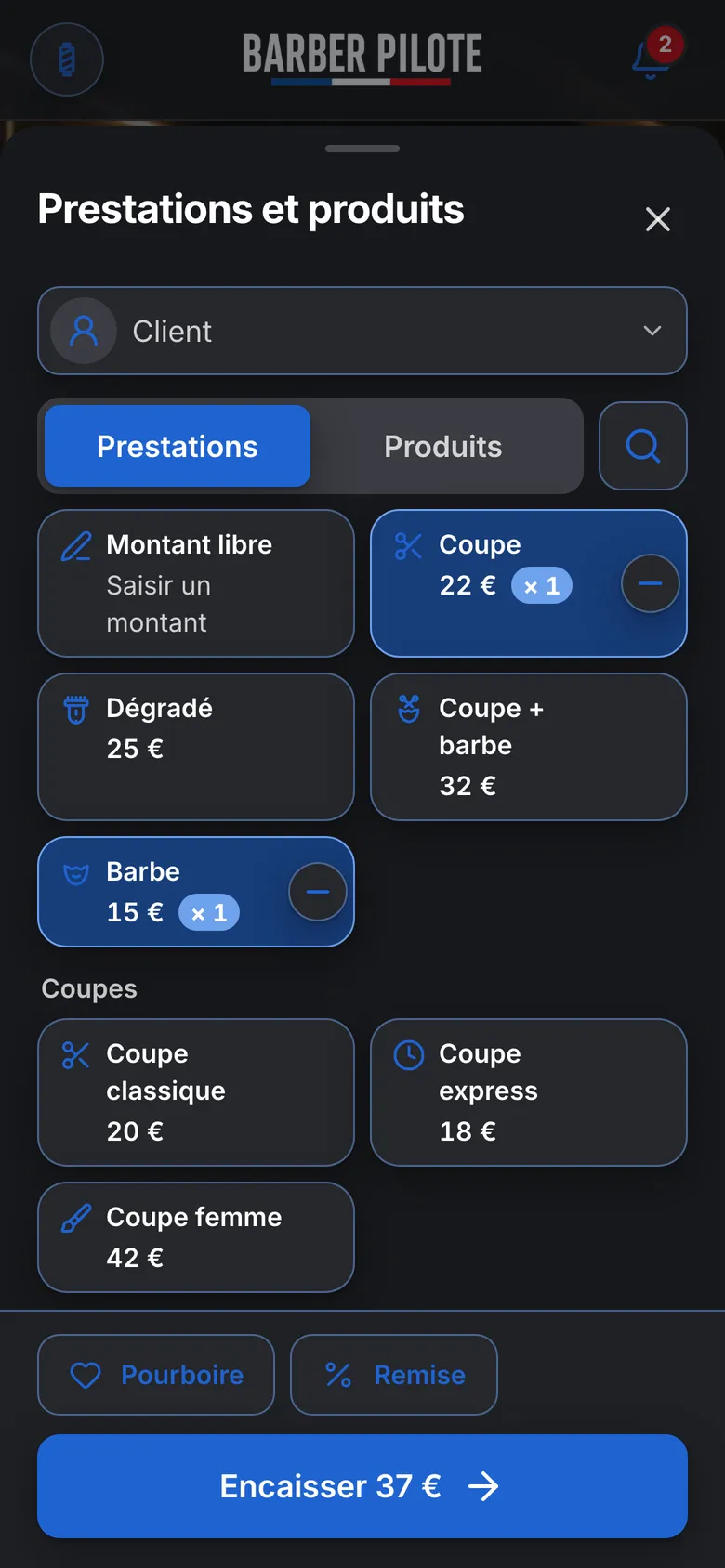 Étape 2 : on touche la coupe et la barbe, le total s’affiche.